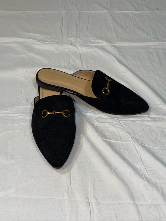 SHEIN Shoes - SHEIN Black Suede Pointed Toe Flat Mules Gold Horsebit Buckle Slide Loafers 11